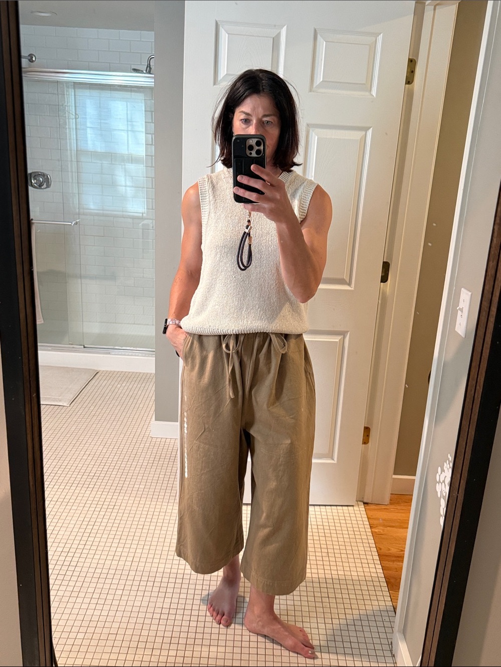 Ichi Antiquities Cropped Drawstring Wide-Leg Pants - Tan